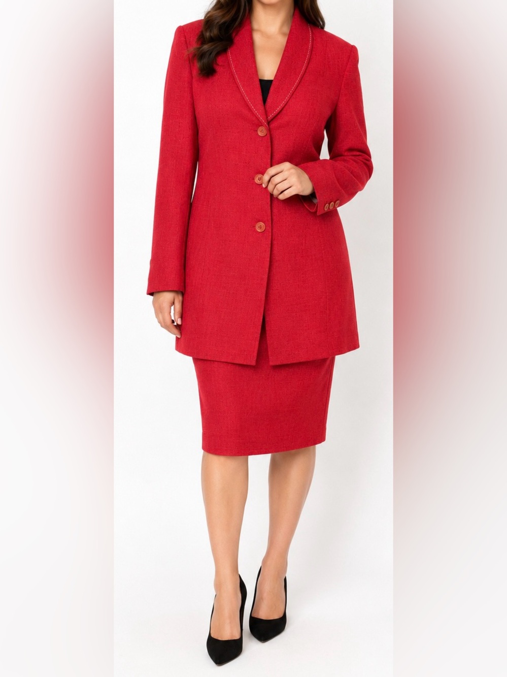 Vintage CLIO 2 Red Longline Skirt Blazer Suit Set Plus Size 16W 90s
